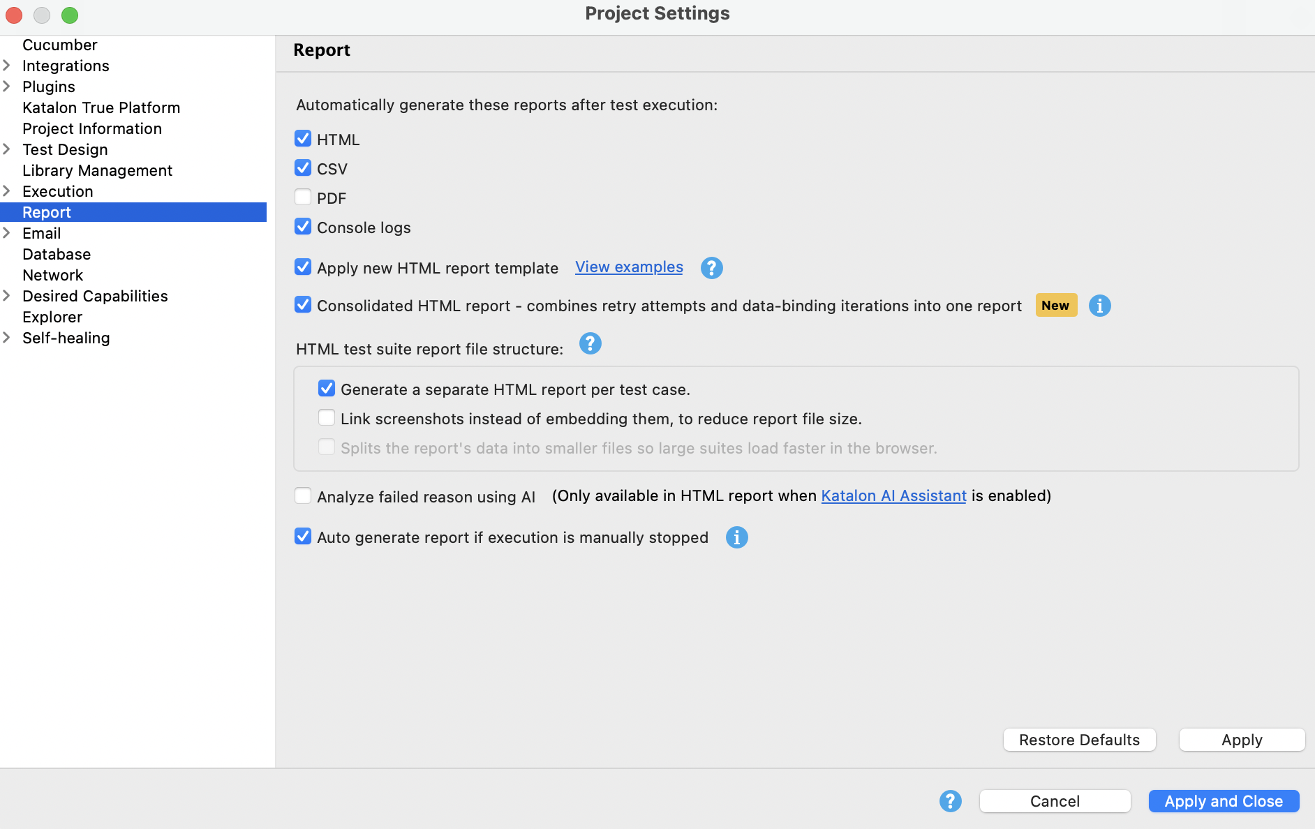 Report settings in Katalon Studio 11.4.0